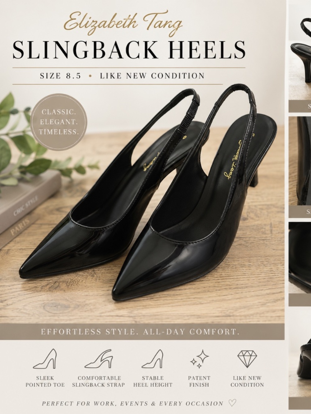 Elizabeth Tang Black Patent Slingback Heels Size 8.5 Like New